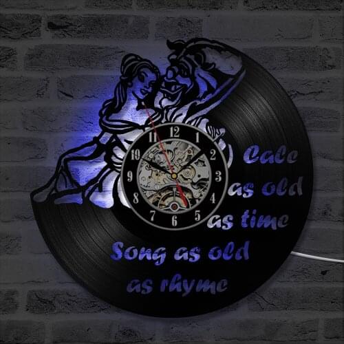 Beauty and Beast Belle Cartoon Vinyl Record Wall Clock Home Decorative Wall Art Silent LED Light Clock