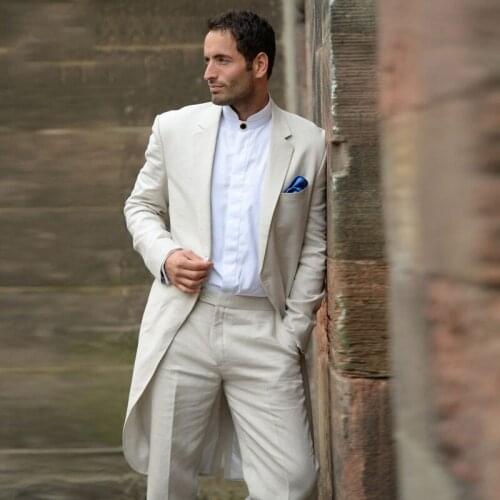 Linen Tailcoat Long Men Suits Wedding Morning Dinner Slim Fit Costume Homme Groom Tuxedo 2Piece Jacket Pants Man Blazer Ternos