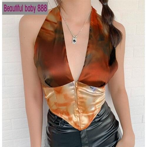 Nibber Color Printing Graphic Corset Womens Crop Tops Beach Vacation Camisole Club Party Bowknot Backless Sleeveless Tank Female