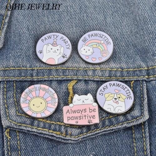 Pawsitive Enamel Pin Pun Positive Badges Purple Cat Dog Sun Paw Feet Print Brooches Animal Jewelry Gift for Kids Children Friend