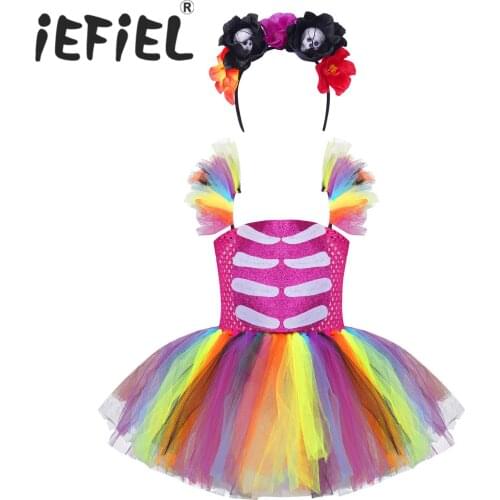 Rainbow Kids Girls Halloween Cosplay Costumes Dress Applique Rainbow Mesh Tutu Princess Carnival Party Dress with Hair Hoop Set