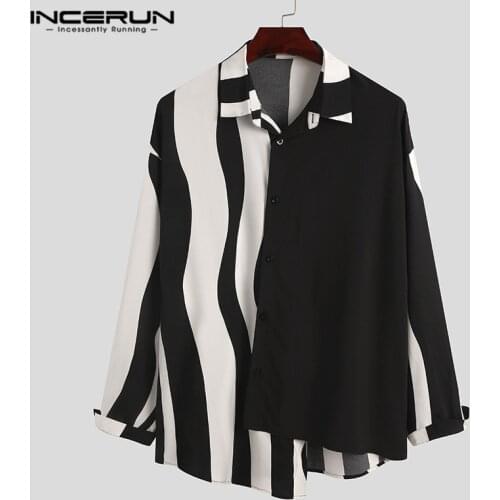 Man Stripes Casual Shirts INCERUN Men Fashion Patchwork Shirts Long Sleeve Turn Down Collar Chemise Irregular Buttons Blusas 5XL