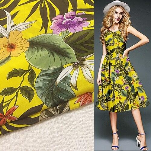 Purple and yellow flower and leaves print silk Crepe DE chine fabric,SCDC662