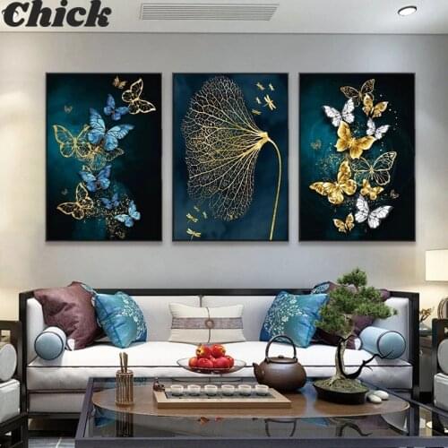 Modern Minimalist Print And Poster Blue Gold Butterfly Pictures Wall Art Canvas Painting Mural Decoration for Living Room Decor