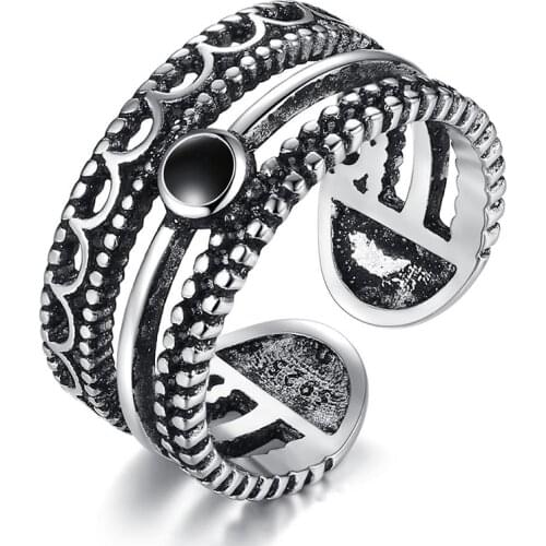 Vintage Chunky Black Crystal Thai Silver Color Adjustable Ring For Women Men Luxury Trendy Pave Tibetan Jewelry Gifts S-R2180