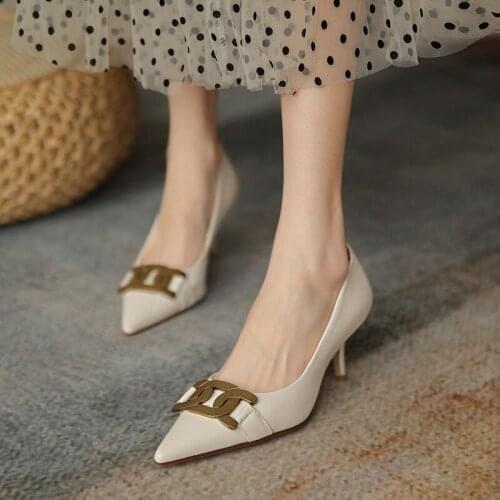 INS HOT Women Shoes Natural Leather pumps Pointed toe high heels Metal decoration Cowhide upper +pigskin lining+sheepskin insole