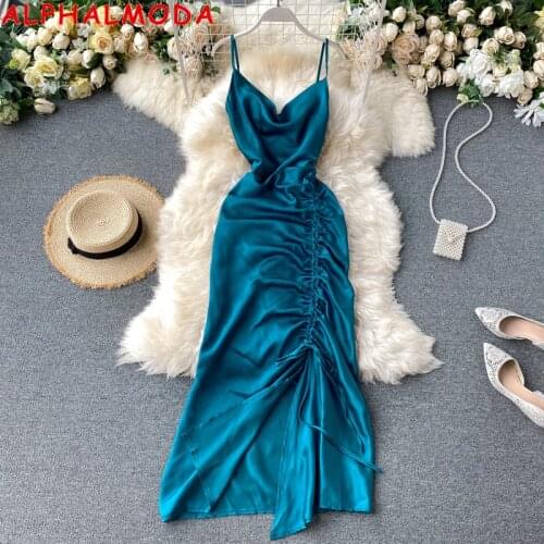 ALPHALMODA 2021 Pleated V-neck Sleeveless Glossy Dress Women Sexy Suspender Dress Drawstring Asymmetric Sling Dress