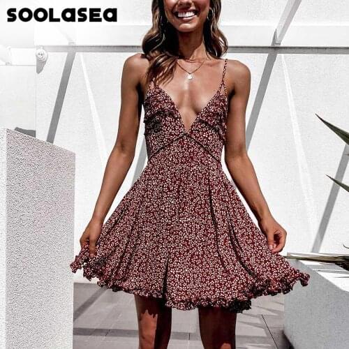 Soolasea 2021 Floral Print Women Sleeveless High Waist Summer Ruffles Ladies V-neck Boho Beach Wear A-line Mini Dress Vestidos