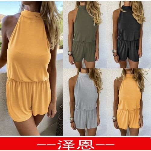 2021 Halter Strapless Open Back Buttoned Jumpsuit Shorts Playsuit Casual Overalls Bib Overall Sleeveless Knotted Jumpsuit