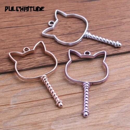 3pcs 29*54mm Three Color Alloy Jewelry Accessories Cat Charm Hollow Glue Blank Pendant Tray Bezel 11E58