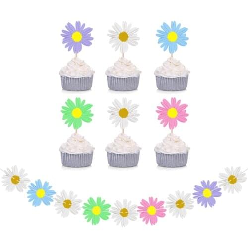 6pcs DIY Daisy Flower Cake Stick or Flag Banner Ice-cream Cupcake Toppers Picks Wedding Birthday Party Hawaii Dessert Decor