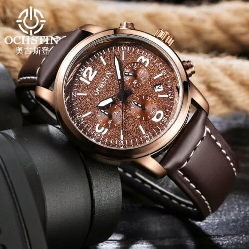 OCHSTIN Brand New Fashion Casual Man Male Chronograph Clock Military Army Sport Leather Strap Luxury Wrist Quartz Watch GQ047A