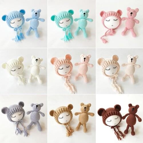 Newborn Baby Toys Bear Hat Set Girls Boys Photography Crochet Knit Handmade Bear Ear Hat Cap Photo Photography Prop