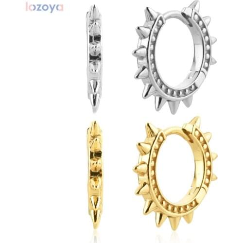Lozoya 925 Sterling Silver Party Wedding Gold 9mm Spike Huggies Hoops Earring Luxury Rock Punk Jewelry Clips Pendiente Jewels