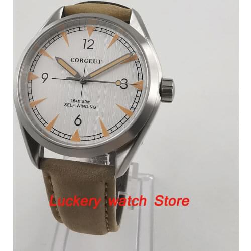 Corgeut 41mm mens watch white dial orange marks sapphire glass 5ATM water resistance Automatic watch-CA33