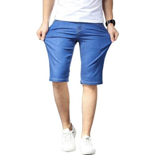 2021 Summer High Stretch Men Blue Black Jeans Shorts Mens Fashion Denim Shorts Washed Frayed Slim Casual 42 44 46 Plus Size
