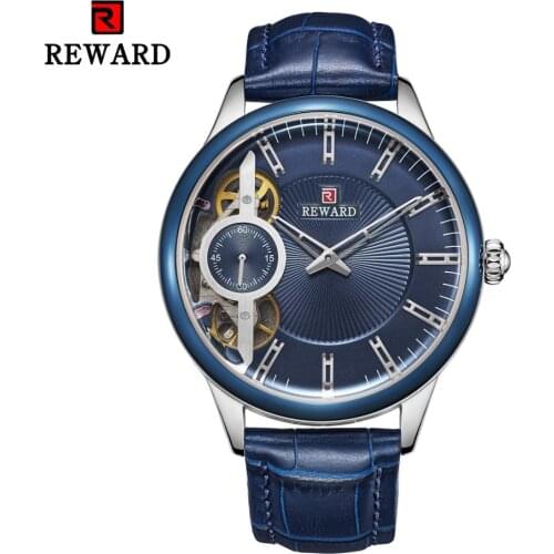 REWARD Blue Classic Deluxe Mens Watch Leather Strap Seconds Pointer Wrist Watches Military Business Sports Watches