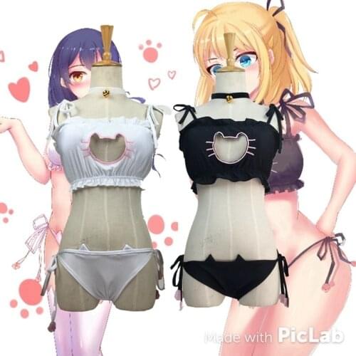 New Arrive Cute Sexy Kawaii Kitty Cat Embroidery Meow star Keyhole Hollow Bra And Underwear Love live Anime Cosplay Lingerie Set