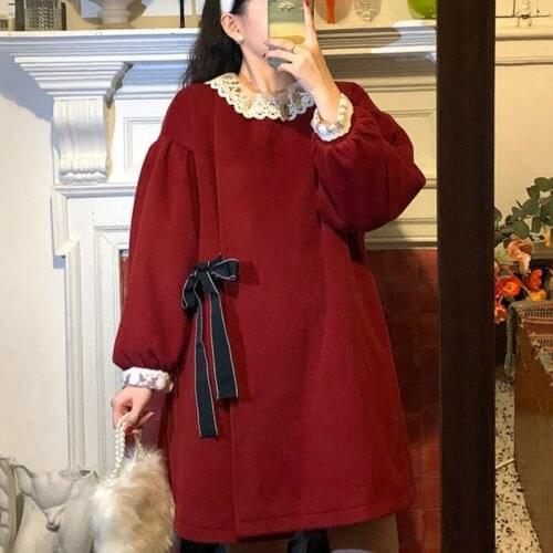 Japanese Style Autumn Winter Kawaii Trend Coat Women Chic Lace Patchwork Wool Jackets Female Sweet Bow Long Korean Overcoat 2021