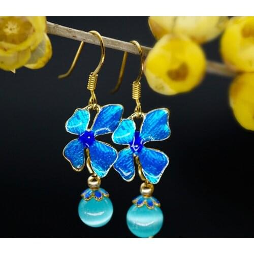 Cloisonne Enamel Porcelain Flowers Earrings Chinese Style Retro Charm Womens Royal Blue Ear Vintage Studs Ladies Jewelry