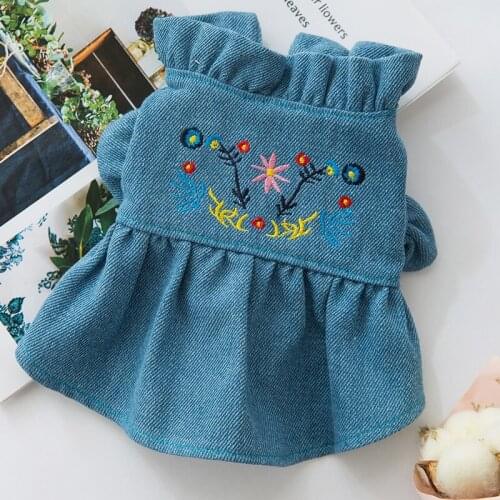 Pet Denim Tutu Dress Dog Cat Spring Summer Cowboy Clothes For Dog Girls Small Medium Dog Puff Sleeve Bowknot Dress