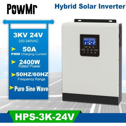PowMr 2400W Hybrid Solar Inverter 220V 50A PWM 3KVA Pure Sine Wave Inverter 50/60HZ Off Grid 24V Battery Charger Solar Inversor