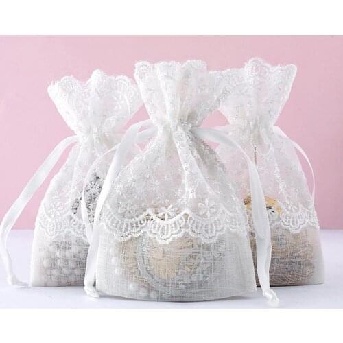 20Pcs Mesh Favor Bags Exquisite Drawstring Lace Mesh Bags Fine Stitching for Party Wedding Gift Boxes Bags Festive Party Supply