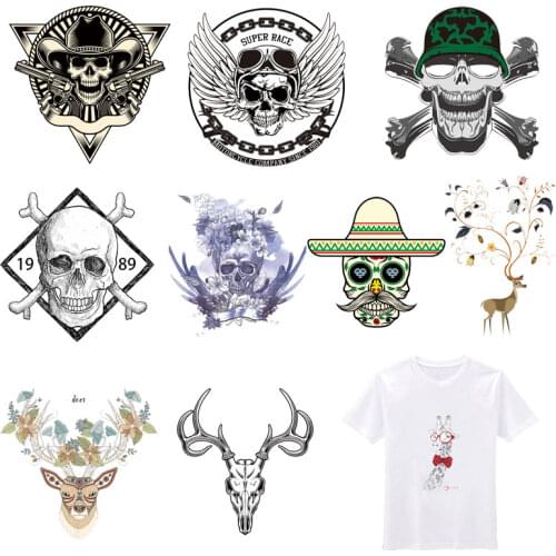 Punk Skull Patches Animals Deer Patch Iron Transfer for Kid Clothes DIY T-shirt Jacket Washable Stickers Applique Thermal Press