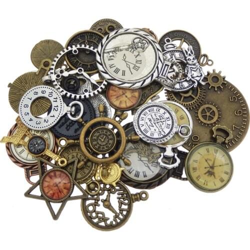 Julie Wang 20PCS Alloy Clock Watch Face Charm Steampunk Bracelet Necklace Pendant Bronze Silver Color Jewelry Making Accessory
