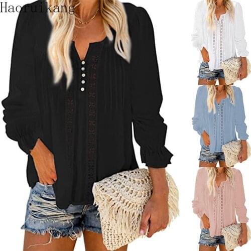 Women Autumn Hollow Out Button Long Sleeve Blouse Solid Color V Neck Chiffon Elegant Office Tee Shirt Plus Size Pullover Tops