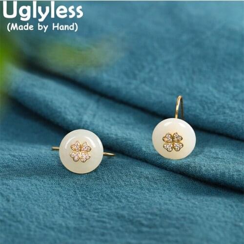 Uglyless Sparkly Zircons Crystals Clover Earrings for Women Peace Buttons Ethnic Jewelry Nature Jade Gemstone Brincos 925 Silver