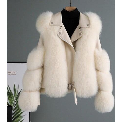 2021 Faux Fur Coat Vest Winter Jacket Women Fake Fox Fur PU Leather Outwear Short Turndown Collar Streetwear Locomotive Y6