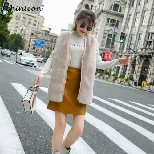 Schinteon Korean Fur Vest Slim Sleeveless Vest Gielt Jacket Outwear Faux Rex Rabbit Fur Fashion