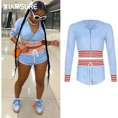 IAMSURE Patchwork Striped Shorts Set Women Sexy Sporty Activewear 2 Pieces Sets Hooded Long Sleeve Crop Top High Waisted Pants