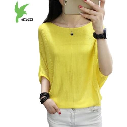 Thin sweater for women 2019 summer Bat sleeve Knitting sunscreen clothing pullovers Plus size female short sleeve Hollow top1835