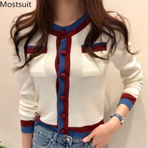 2020 Autumn Korean Color-blocked Knitted Cardigans Sweaters Women Long Sleeve Single-breasted Pockets Fashion Ladies Tops Femme