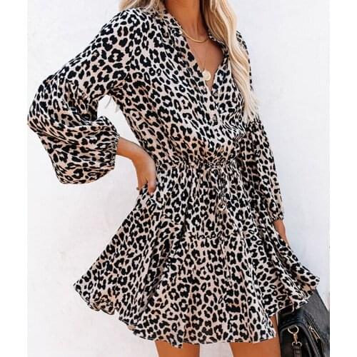 Leopard Print Shirt Dresses Women Long Sleeve v neck Dress Fashion Office Lady Sexy Dress Shirt A line party vestidos 2020