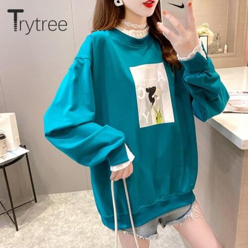 Trytree 2020 Winter Casual Womens Sweatshirts Fleece Liner Lace O-neck Sleeve Cotton Blend Streetwear Printed Tops for Women