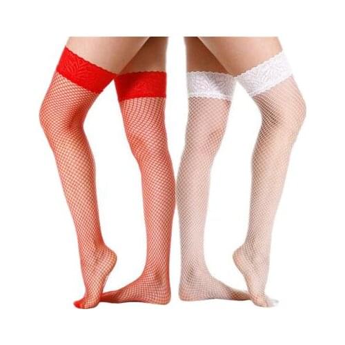 1Pair Retro Stockings for Women Underwear High Knee Hosiery Classic Lace Stay Up Fishnet Stocking Black White Red medias mujer