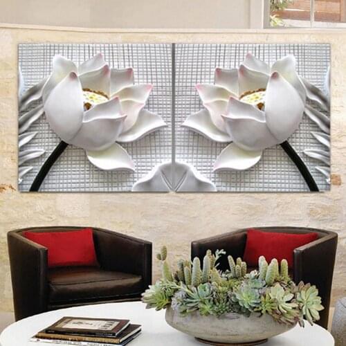 2PCS Modern 3D White Lotus Flowers HD Print Canvas Wall Art Pictures For Living Room The Paintings Abstract Modular Oil Painting