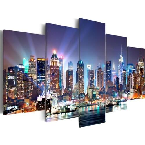 5 Piece Wall Art Canvas Paintings Home Decor Night View of the City Picture Hd Prints Modern Poster For Bedroom Modular Framed