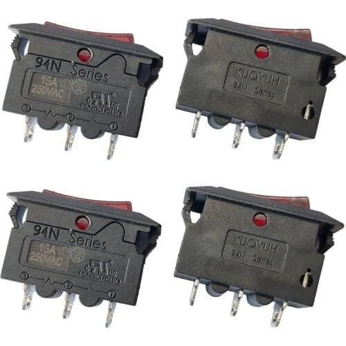 4 pcs Manual 15A Red Light Black Housing Overload Protection Rocker Switch Snap In Kuoyuh 94N Series Circuit Breaker