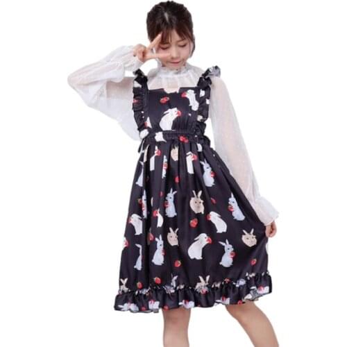 Harajuku Lolita Cosplay Black JSK Dress Girls 2021 Kawaii Rabbit Strawberry Cute Overalls Sweet Princess Party Suspender Dresses