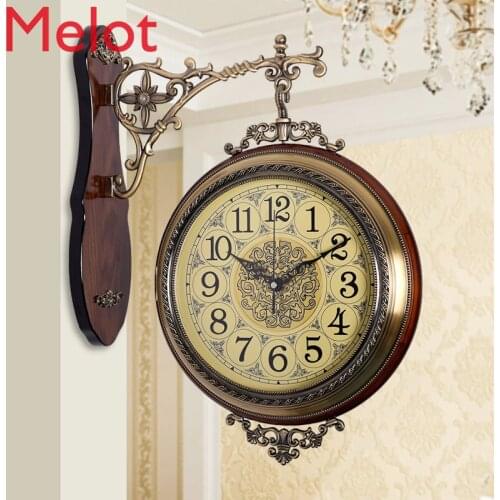Solid Wood Double-Sided Clock Wall Clock Mute Living Room Quartz Clock Two Sides Pocket Watch Retro Large Clock