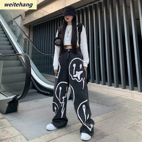 New Spring Fashion Ins Street Hip-hop Printing Wash Jeans Loose Casual Denim Wide Leg Pants Tide Woman Long Trousers 126