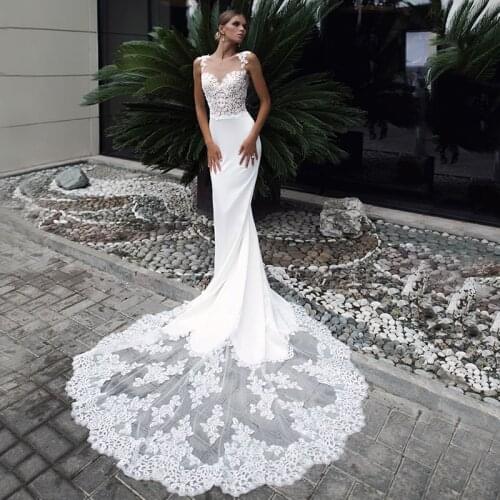 Elegant Lace Mermaid Wedding Gowns 2021 Scoop Neck Sleeveless Applique Court Train Bridal Dress Custom Made