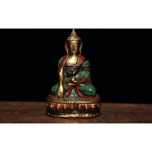 Chinese Antique Tibetan Buddhist hand-embellished gems Shakyamuni Buddha Statue