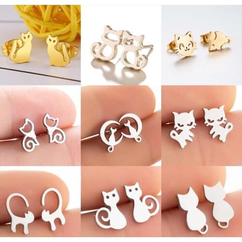 Creative Cute Cat Earrings Minimalism Cartoon Animal Design Female Ear Stud Stainless Steel Jewelry Gift for Women