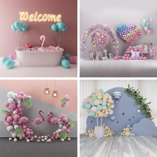 Laeacco Blue Balloon Flamingo Bathtub Pink Wall Photography Background Backdrops For Photo Studio Video Photozone Photocall