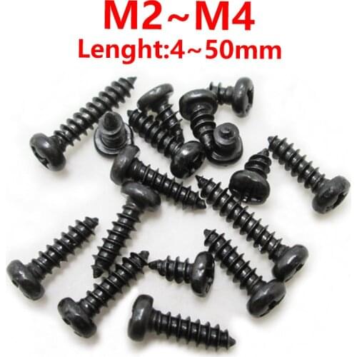 M2 M2.3 M2.6 M3 M4 Phillips Recessed Pan Head Self Tapping Black Screw Metric Thread Steel Cross Round Head Bolt 20-50pcs